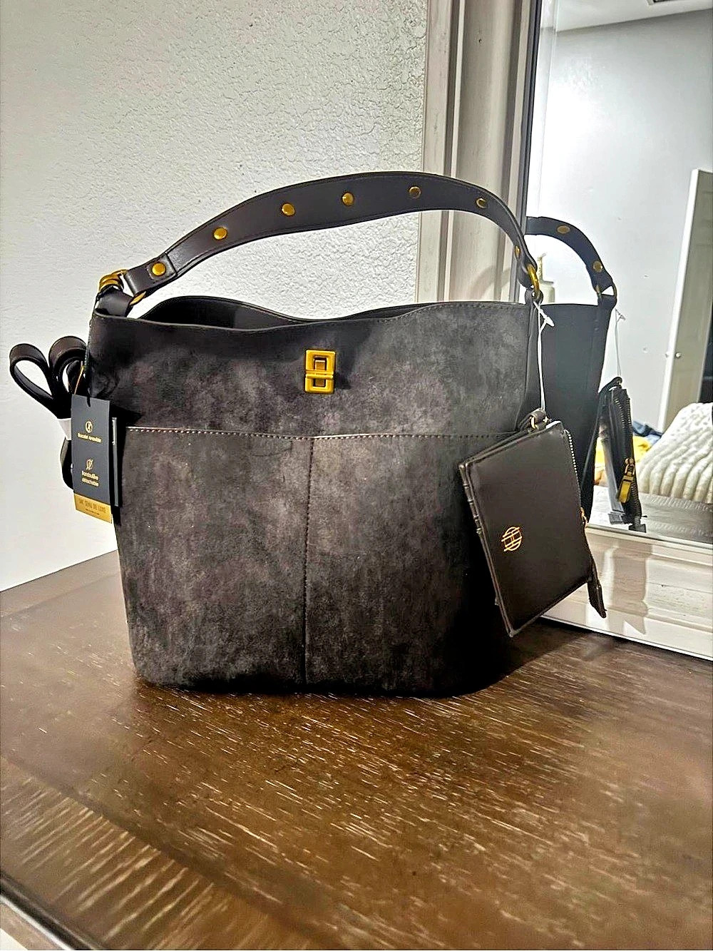 House of Harlow 1960 Suede Bucket Bag with Detachable Pouch in Black